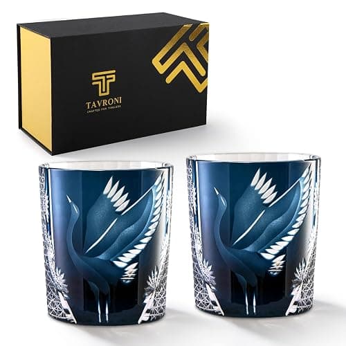TAVRONI Edo Kiriko Whiskey Glasses Set of 2 – Handmade Blue Crystal Glass Tumbler 9 oz with Crane Motif – Japanese Cut Glass for Bourbon Scotch Cocktail – Gift Set for Men and Women in Elegant Box - Image 1
