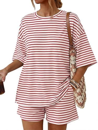 Trendy Queen Women's 2 Piece Summer Matching Set Lounge Wear with Pockets | Vacation Travel Outfit, Airport Resort Wear, Athleisure Clothing, Oversized Top & Loose Fit Shorts - Image 1