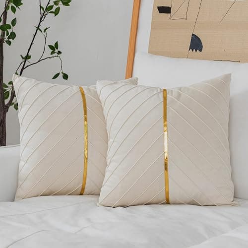WACOMECO Velvet Throw Pillow Covers, Pack of 2 Soft Gold Decorative Cushion Covers for Couch Sofa Living Room Home Decoration, Cream White, 18x18 inch - Image 1