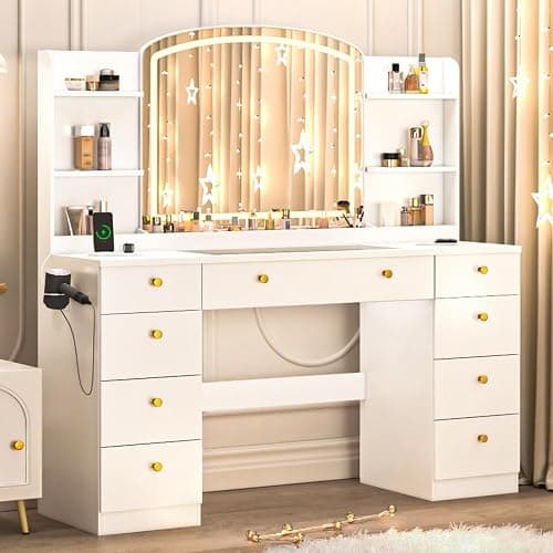 Bvldfamly 55’’ Makeup Vanity Desk with Mirror and LED Lights - Glass Top Make Up Desk with Power Outlet and Storage Shelf, Vanity Desk with Charging Station, Drawers, Vanity Table for Women,Girls - Image 1