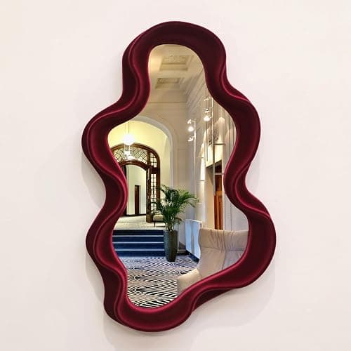 TEIPAI Mirror Wall Decor for Home Office Apartment, Asymmetrical Decorative Mirror for Entryway Porch Fireplace, Irregular Hanging Wall Art Sculpture for Christmas (Wine Red) - Image 1