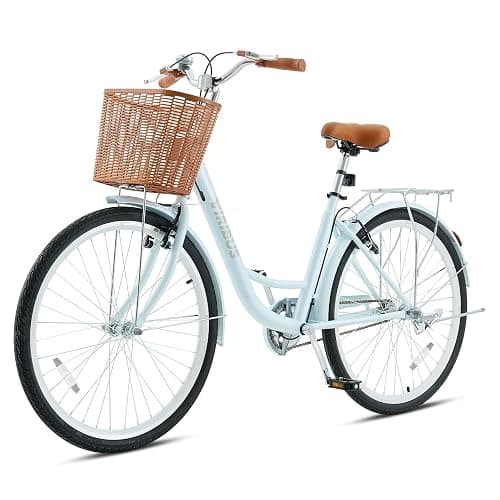 Viribus Beach Cruiser Bike for Women, 24 26 inch Womens Bike with 1 Speed, Front Basket & Rack, Comfort Cruiser Bicycle Step Through for City Commuter, Retro Bicycle for Seniors Ladies Female Adults - Baby Blue - 24 In. ( 4′11″–5′5″ Rec. Height) - Image 1
