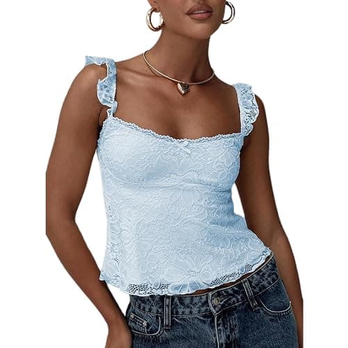 Women Teen Girls Cute Summer Going Out Tops Y2K Fairycore Sleeveless Square Neck Floral Lace Tank Top - Blue - Medium - Image 1