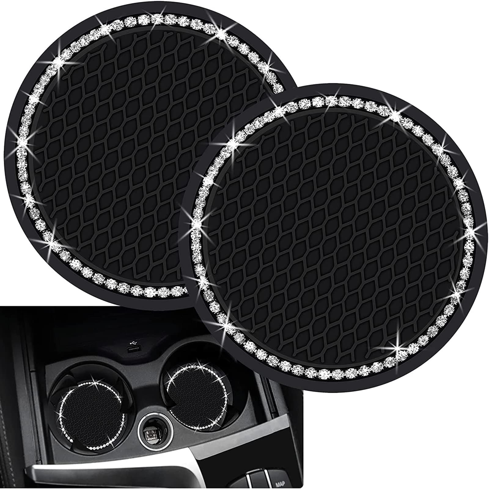2 Pieces Bling Silicone Anti-Slip Cup Holder Insert Coaster and Engine Ignition Button Ring - Car Interior Accessories With Crystal Rhinestone (Black) - Image 1