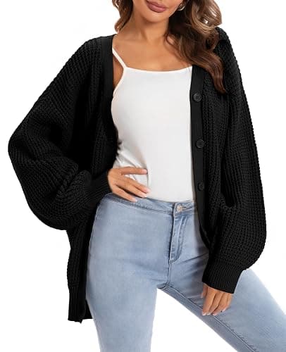 QUALFORT Women's Oversized 100% Cotton Cardigan Sweater | Long Sleeve V Neck Button Down Open Front Knit Outerwear - Image 1
