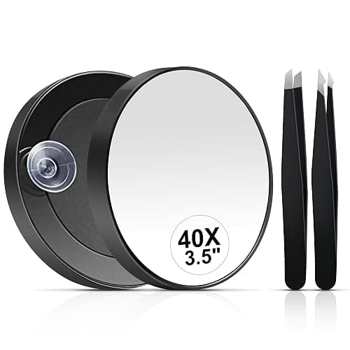 MIYADIVA 40X Magnifying Mirror, 3.5 Inch Round Compact Mirror with Suction Cup, Stainless Steel Tweezers, Perfect for Makeup, Eyebrows, Beards, Travel - Image 1