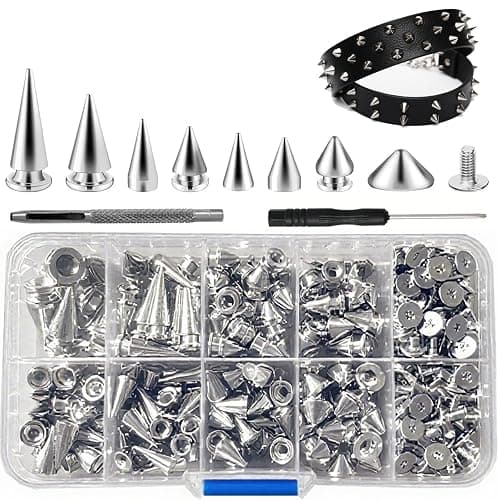 354 Pieces Punk Spikes and Studs Kit - 8 Sizes Cone Spikes, Metal Tree Spikes Studs for Leathercraft, Punk Clothing DIY Accessories (Silver) - Image 1