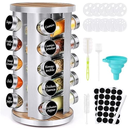 Spice Rack Organizer with Jars for Cabinet (20Pcs) Revolving/Rotating Seasoning Organizer, Stainless Steel/Wooden Countertop Rack Tower Organizer for Kitchen Pantry with Reusable Labels/Funnel/Brushes - Image 1