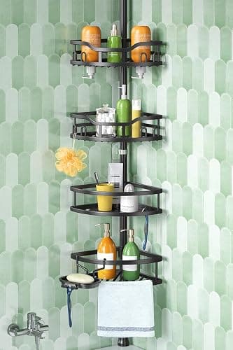 HAMITOR Corner Shower Caddy Tension Pole: High Capacity 4-Tier Rustproof Bathroom Organizer Shelves for Small Bathrooms - 47-121 inch Adjustable Floor Standing Bath Rack Holder - Black - Image 1