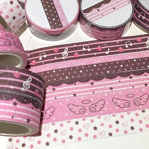 5Rolls Pink Strawberry Musical Note Glitter Washi Tape Set Decorative Star Masking Tapes Bulk Cute Washi Sticker for Journaling Kawaii Sparkling Scrapbook Tape Supplies for Craft Scrapbooking Journal - Image 1