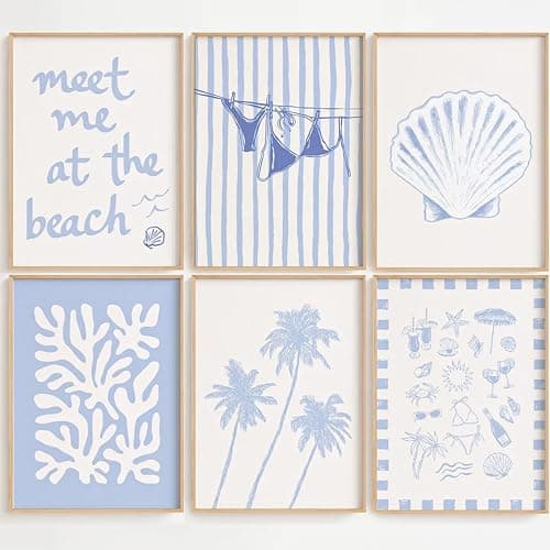 Blue Coastal Wall Art Decor Beach Preppy Canvas Poster Coastal Granddaughter Prints Aesthetic Beachy Picture Summer Bikini Coast Artwork Ocean Cute Shell Painting for Girly Dorm 8x10x6 Inch Unframed - Image 1