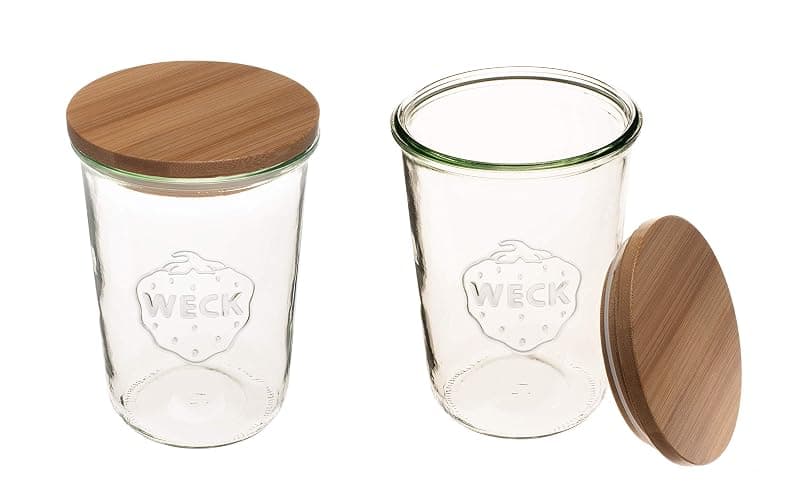 Weck Canning Jars 743-25.3 fl. oz Weck Mold Jars - Eco-Friendly Canning Jar - Storage for Food, Yogurt with Air Tight Seal and Lid - 3/4 Liter Tall Jars Set - Set of (2 Jars with Wooden Lids) - Image 1