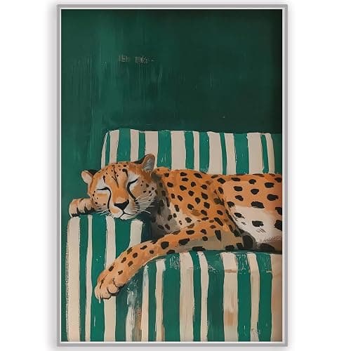 SKTBJWNYK Green Leopard Wall Art Sleepy Leopard Modern Abstract Canvas Print Maximalist Home Decor Trendy Contemporary Art for Bedroom, Living Room,Dorm Aesthetic Spaces 16x24 Inch Unframed - Image 1