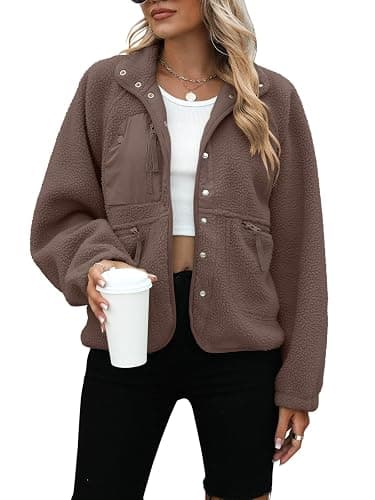 Yanekop Womens Fleece Jacket Fuzzy Long Sleeve Short Winter Coats Button Down Sherpa Jacket Outerwear with Pockets - Image 1