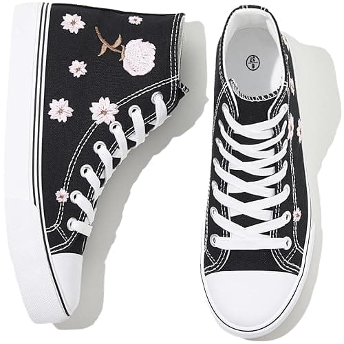 kufeiti Women's High Top Canvas Sneakers Canvas Shoes Lace up White Black Sneakers Casual Walking Shoes - Image 1