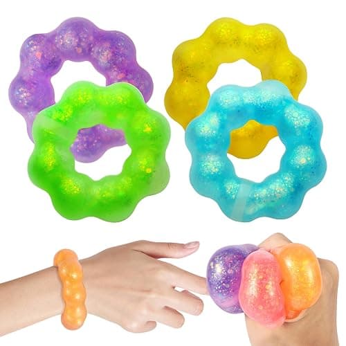 4-Pack Squishy Toys, Wearable Bracelet Stress Balls Fidget Toys, Soft Donut Stress Relief Sensory Toy for Kids Adults, Squeeze Balls Stress Toys for Party Favors Goodie Bags Stuffers - Image 1