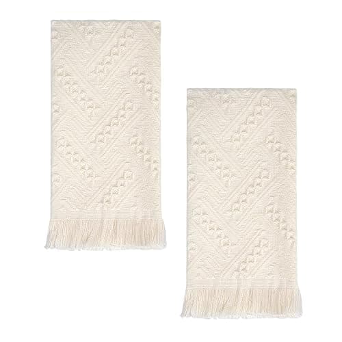 Luxury Decorative Hand Towels Bathroom: 2 Packs 14X30 100% Cotton Turkish Absorbent Soft Face Towel Set for Boho Bathroom Decor Kitchen Hotel Spa Farmhouse Guest Tea Gift (Cream White, 14"x30") - Image 1