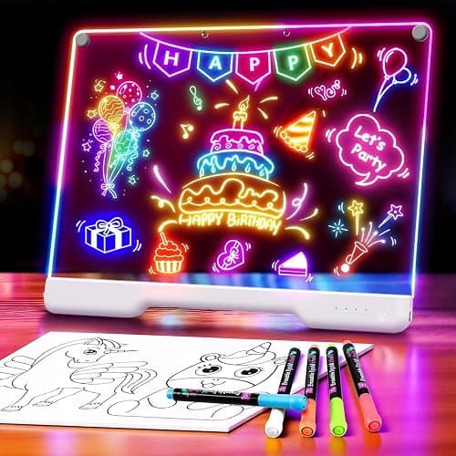 Geokay 16" Rechargeable LED Drawing Board, 9-Color Light Modes, Neon Art Dry Erase Light Up Doodle Glow Pad with Built-in Stand, Sketching Gift Toy for Kids/Girls/Teens, 7 Markers & Tracing Book - Image 1