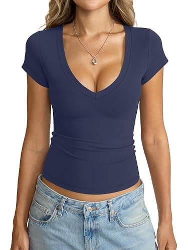 EasyGala Womens Deep V Neck Short Sleeve Shirts Sexy Slim Fit Crop Tops Basic Tees Going Out Summer Outfits - Image 1