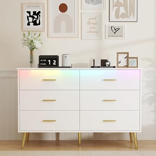 White Dresser for Bedroom, Dressers & Chests of Drawers for Clothes Storage, Wood Dresser for Closet with 6 Drawers, Wide Long Clothes Organizer with LED Light for Hallway, Entryway, Metal Handles - Image 1