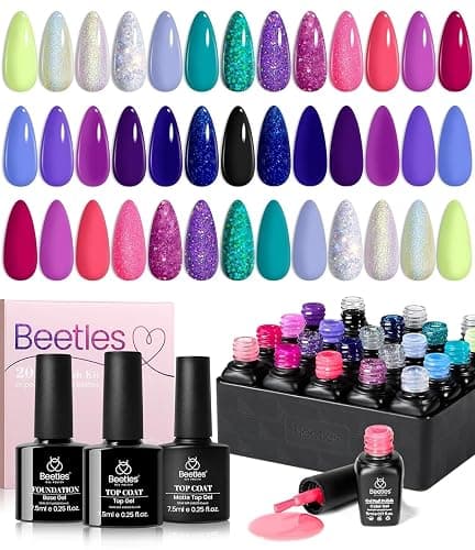 Beetles 20 Colors Gel Nail Polish Kit Midnight Euphoria Collection 23 Pcs Purple Blue Hot Pink Glitter Gel Polish Set Rainbow Soak off Uv Glossy & Matte Top Base Coat Gift for Women - Image 1