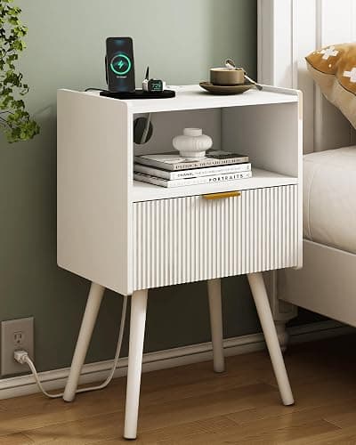 JOONEE White Nightstand with Outlet,Modern Bedside Table with Storage Drawer and Open Wood Shelf, for Living Room, Bedroom and Small Spaces, Accent Night Stand with Solid Wood Legs, Easy Assembly - Image 1