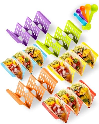 Aofure Premium Taco Holder Stand, Colorful Large Taco Holders Set of 6 or 4, Taco Stands for 3 Tacos for Soft/Hard Shells, Street Taco Rack with Plates & Tray, Dishwasher & Microwave Safe - Image 1