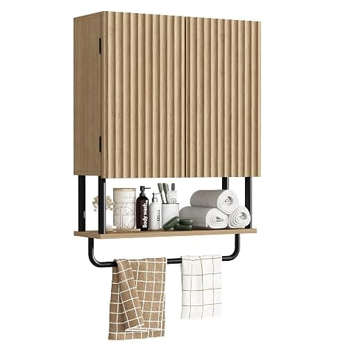 RUSTOWN Fluted Bathroom Wall Cabinet with 2 Doors, 3-Tier Modern Farmhouse Medicine Cabinet, Over The Toilet Storage Cabinet with Adjustable Shelf and Towel Bar (Natural, Medium) - Image 1