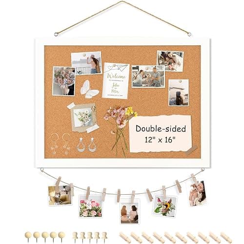 AMUSIGHT Double-Sided Cork Board for Wall, 16" x 12" Hanging Wood Framed Small Bulletin Board, Picture Display Vision Board Corkboards for Wall Room School Office Decor, 20 Pushpins (Vintage White) - Cork - 1pcs - 16"x12" - Image 1