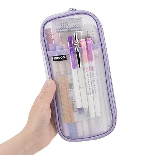 EASTHILL Grid Mesh Pen Pencil Case with Zipper Clear Makeup Color Pouch Cosmetics Bag Multi-Purpose Travel School Teen Girls Transparent Stationary Bag Office Organizer Box for Adluts(Purple) - Image 1