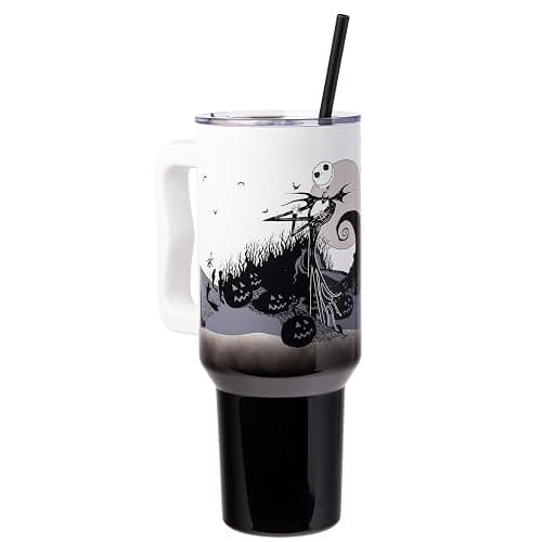 Silver Buffalo Disney Nightmare Before Christmas by Tim Burton Jack Skellington Hill and Moon Stainless Steel Tumbler with Handle and Straw, Fits in Standard Cup Holder, 40 Ounces - Image 1