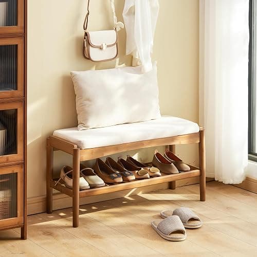 STDDRE Shoe Bench Entryway Bamboo 2-Tier Shoe Rack with Cushion Padded Seat Shoe Bench Organizer Stable for Entry, Hallway, Living Room, Bedroom, Closet (31.5 * 11.4 * 16.5IN, Brown-Beige) - Image 1
