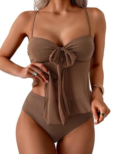 B2prity Tankini Swimsuit for Women Mesh Tummy Control Two Piece Bathing Suit Flowy Top with High Waisted Bottom - Image 1