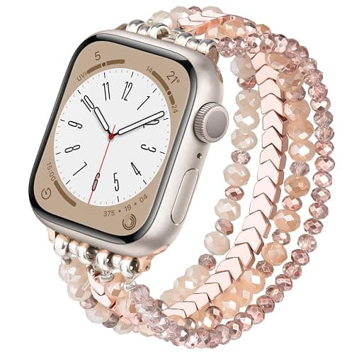 MOFREE Beaded Bracelet Apple Watch Band for Women 38mm 40mm 41mm 42mm | Fashion Handmade Elastic Strap, Crystal Rose Gold iWatch Bands for Apple Watch Series 1–11, SE/SE3, Hypoallergenic & No Clasp - Image 1