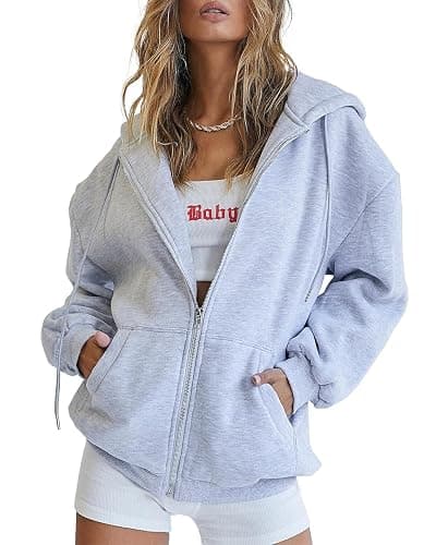 Trendy Queen Womens Zip Up Hoodies Oversized Sweatshirts Fall Fashion Outfits Casual Jackets 2025 Winter Clothes - Medium - Grey - Image 1