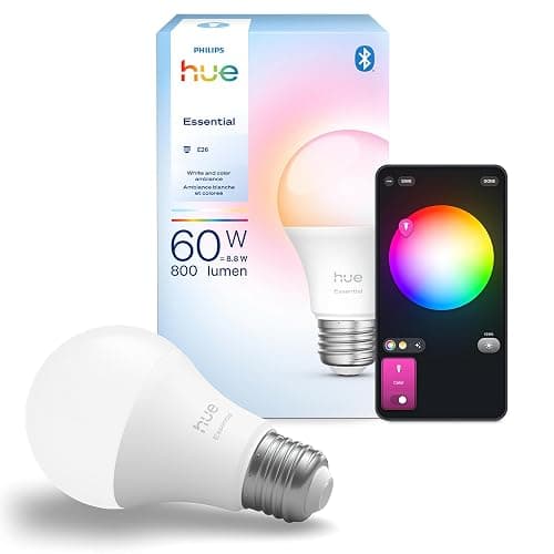 Philips Hue Essential Smart LED A19 Bulb, White and Color Ambiance, E26 Base, 8.8W, 2200K-6500K, 800 Lumens, Dimmable, Works with Alexa, Google, and Apple Home, 1-Pack - Image 1