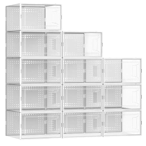 Secret Space 12 Pack X Large Shoe Organizer Storage Boxes for Closet, Modular Space Saving Shoe Boxes Clear Plastic Stackable Sneaker Containers Display Case with Lids, White - Image 1