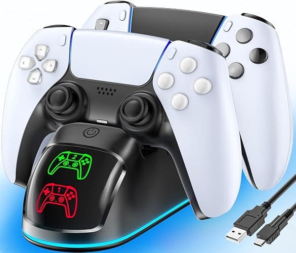 Rysker Controller Charger for PS5, Dual Charging Dock Station for PlayStation 5 Dualsense & Edge with RGB Light, Fast PS5 Dual Controller Charging Station with Cable Black for PlayStation Consoles - Image 1