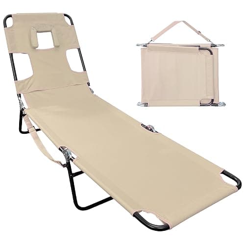 Face Down Tanning Chaise Lounge Chair - Face & Arm Holes - 2 Legs Support - Polyester Material – Backrest Positions - Head Rest Pillow - Beach or Home Use - Read and Tan - Tan Stripes Pattern - Image 1