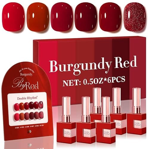 Double Rhythm 6 Pcs 15 ML Gel Polish Set Same Color Same Bottle Soak Off Gel Polish Kit Nail Art Manicure Salon DIY at Home for Women (Glitter Burgundy Dark Cherry Red Maroon-T6-7) - Image 1