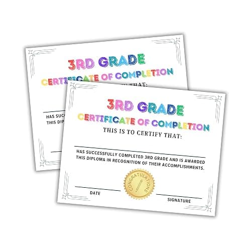 3rd Grade Graduation Certificate of Completion | 50 pk 8.5 x 11” for Elementary School Class End of Year Achievement Awards Third Grade Teacher Supplies - Image 1