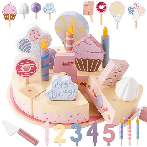 ZRUNBO Birthday Party Cake Toys, Wooden Play Food Set for Kids Toddlers, Play Kitchen Toys for Boys Girls, Educational Toys - Image 1