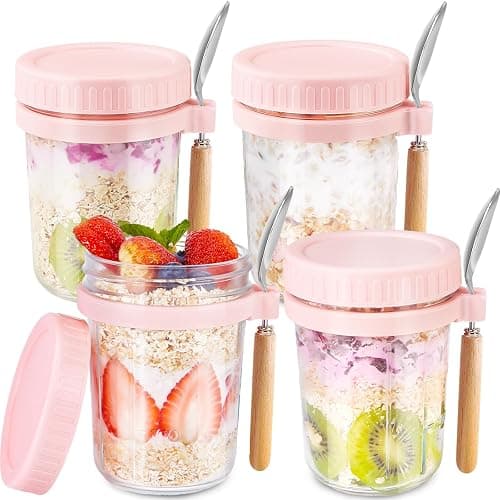 HomArtist Glass Overnight Oats Containers with Lids and Spoon, 16oz Wide Mouth Mason Jars for Overnight Oats, Cereal, Yogurt, Salad Lunch Container with Measurement Marks - Pink 4 Pack - Image 1