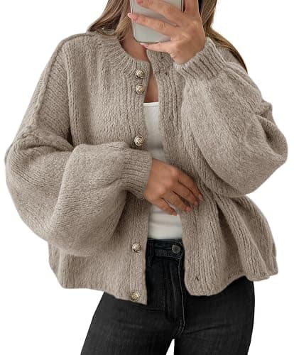 Saodimallsu Womens Oversized Cardigans Button Up Long Lantern Sleeve Chunky Knit Casual Soft Fall Sweater Coats - Image 1