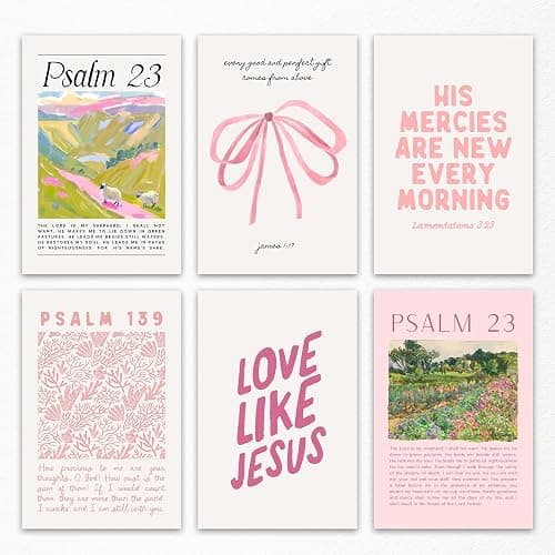 Set of 6 Christian Canvas Wall Art, Pink Bible Verses Poster, Religious Psalms Scripture Wall Decor, Psalm 23 The Lord Is My Shepherd Art Print, Biblical Pink Bow Landscape Picture 8x12in Unframed - 8L" x 12W" - Biblical 01 - Image 1