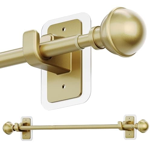 ENJOYBASICS No Drill Curtain Rods for Window 28 to 47 Inches, 5/8 Inch Diameter Renter Friendly Drapery Rod with Adhesive Brackets without Drilling, Adjustable from 27 to 52 Inches, Gold - Image 1
