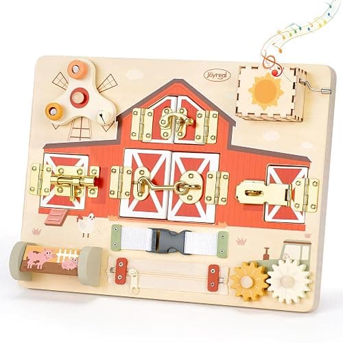 Joyreal Wooden Montessori Busy Board with Music Box for Toddlers | Farm Theme Sensory Activity Board, Fine Motor Skills Travel Toy, Educational Learning Toy, Birthday Christmas Gift - Image 1