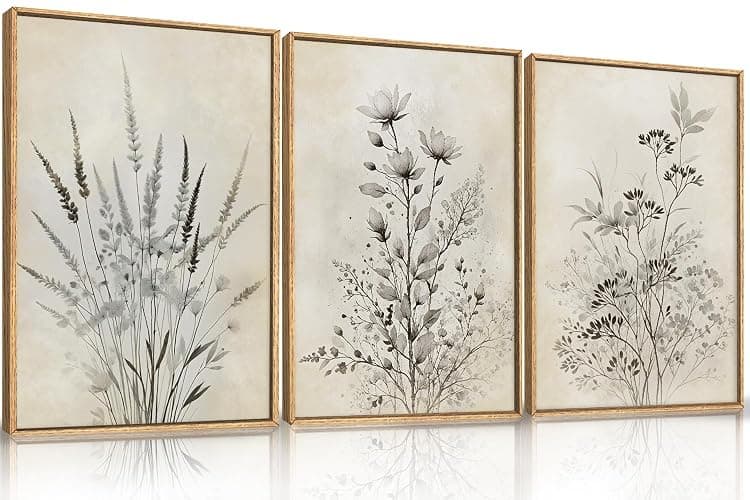 BICERE Large Neutral Flower Botanical Framed Canvas Wall Art,Boho Wildflowers Ink Wall Decor,Vintage Bouquet Wall Painting,Nature Artwork for Living Room,Bedroom,Dining Room,Office -16"x24"x3 - Neutral Botanical Wall Art - 16''x24''x3 - Image 1