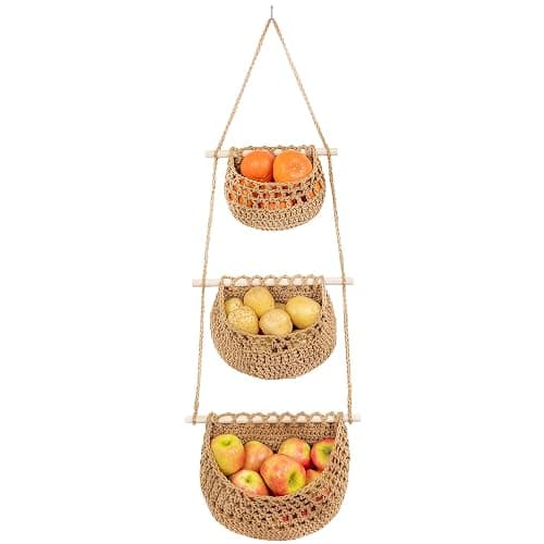 JMZ E Home Cotton Hanging Fruit Basket, 3 Tier Woven Wall Basket, Hanging storage baskets for Kitchen and Bathroom, Macrame Wall Hanging, Boho Decor Over The Door Organizer, Brown - Image 1