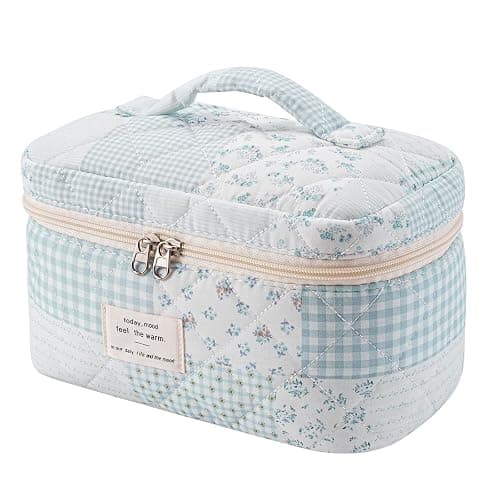 uekeboag Large Travel Quilted Makeup Bag for Women, Floral Cotton Cosmetic Bag, Coquette Aesthetic Floral Toiletry Organizer Bag - Image 1
